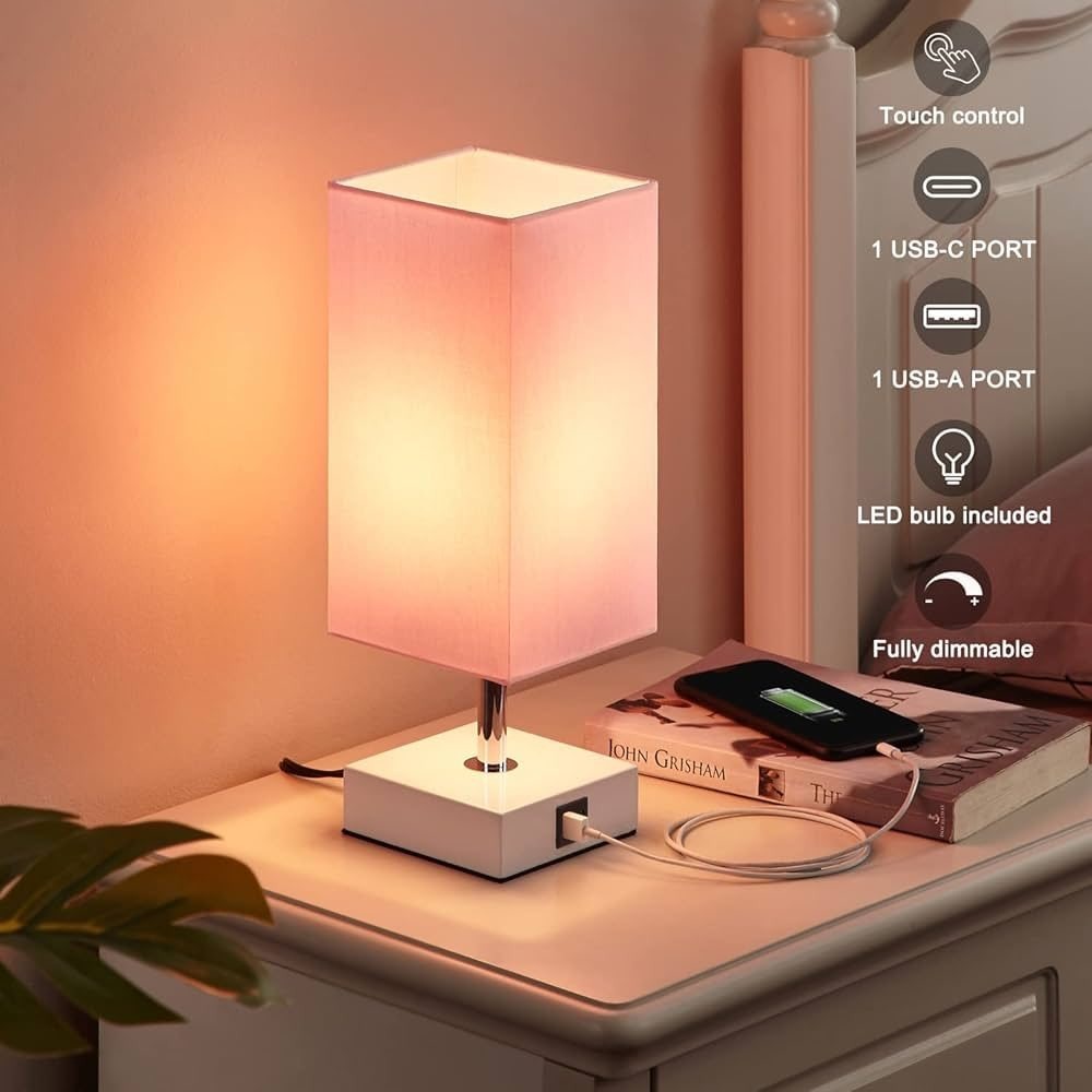 Pink Touch Control Bedside Lamp with USB A+C Ports Dimmable Table Lamp LED Bulb - Picture 6 of 7